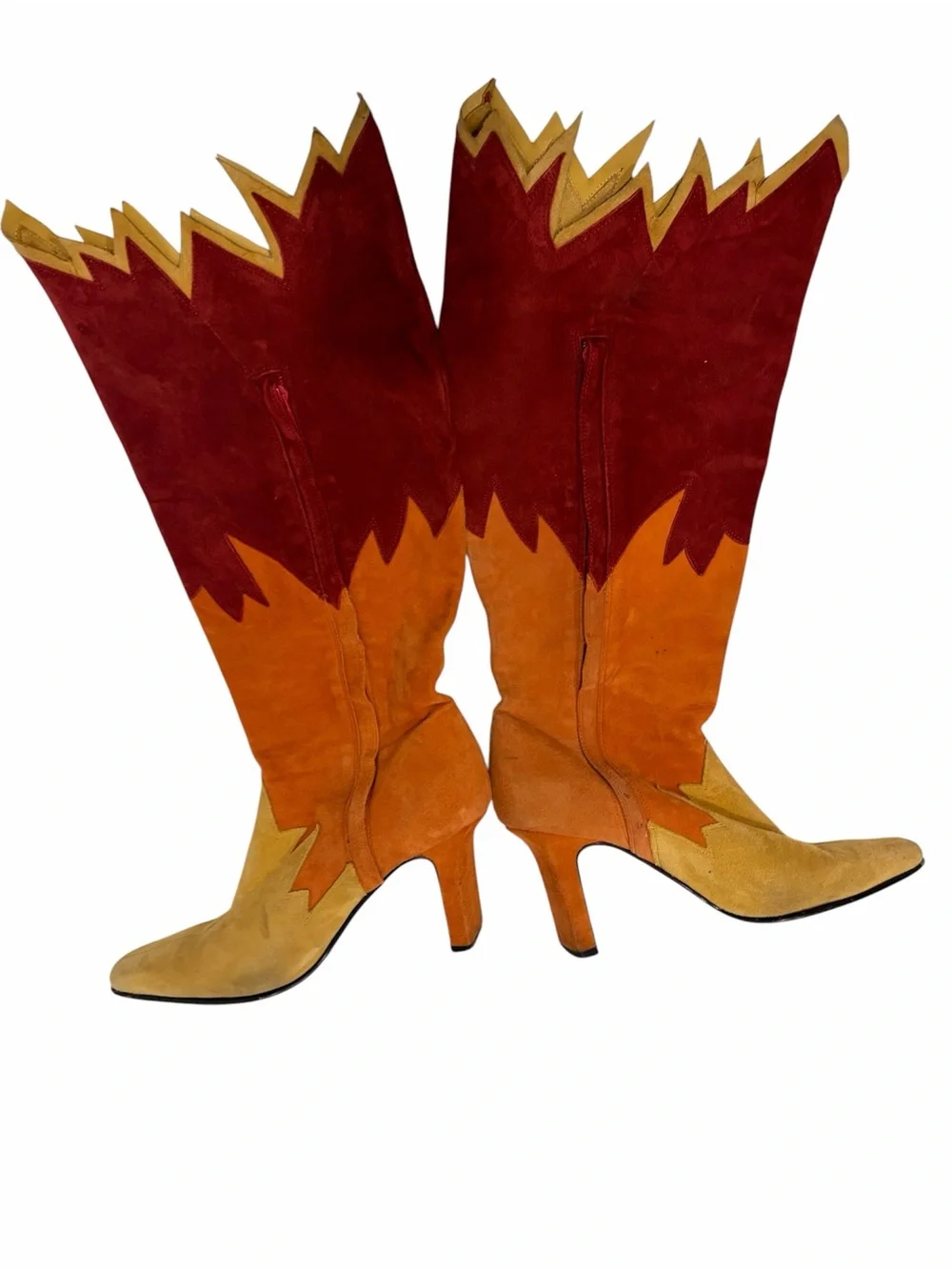 Women’s Suede Flame-Accent Knee Boots in Burgundy, Orange & Yellow